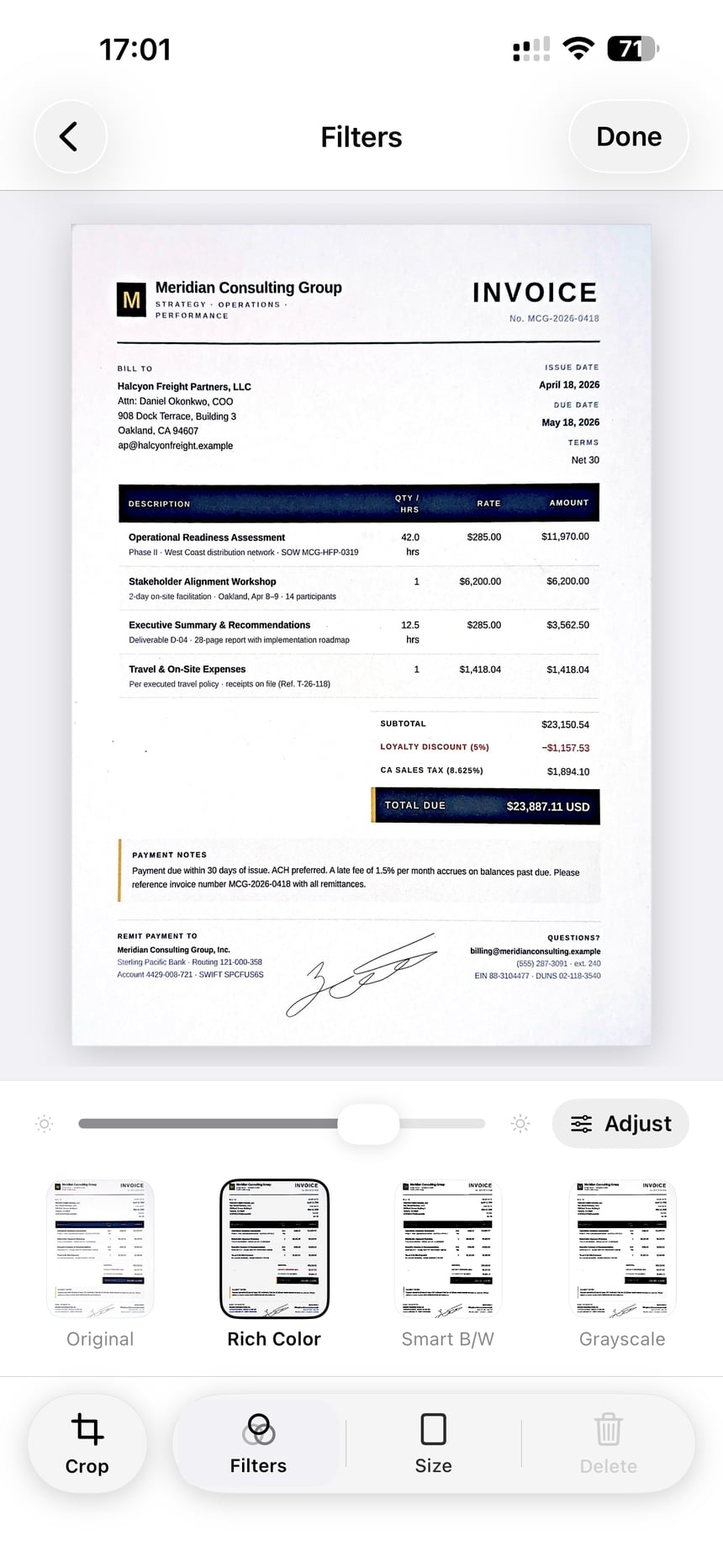 ScanLens Filters screen showing a cleaned invoice and document filter controls