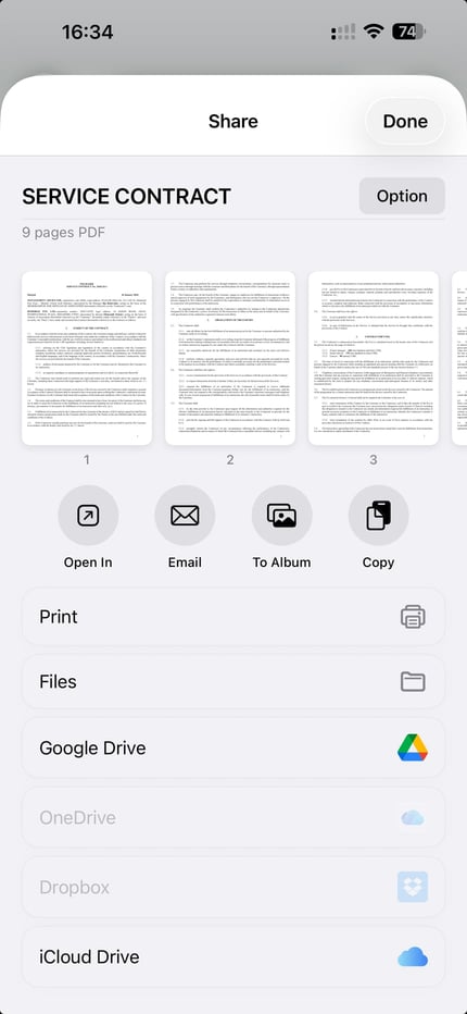 ScanLens export screen on iPhone with PDF format selected and password protection available