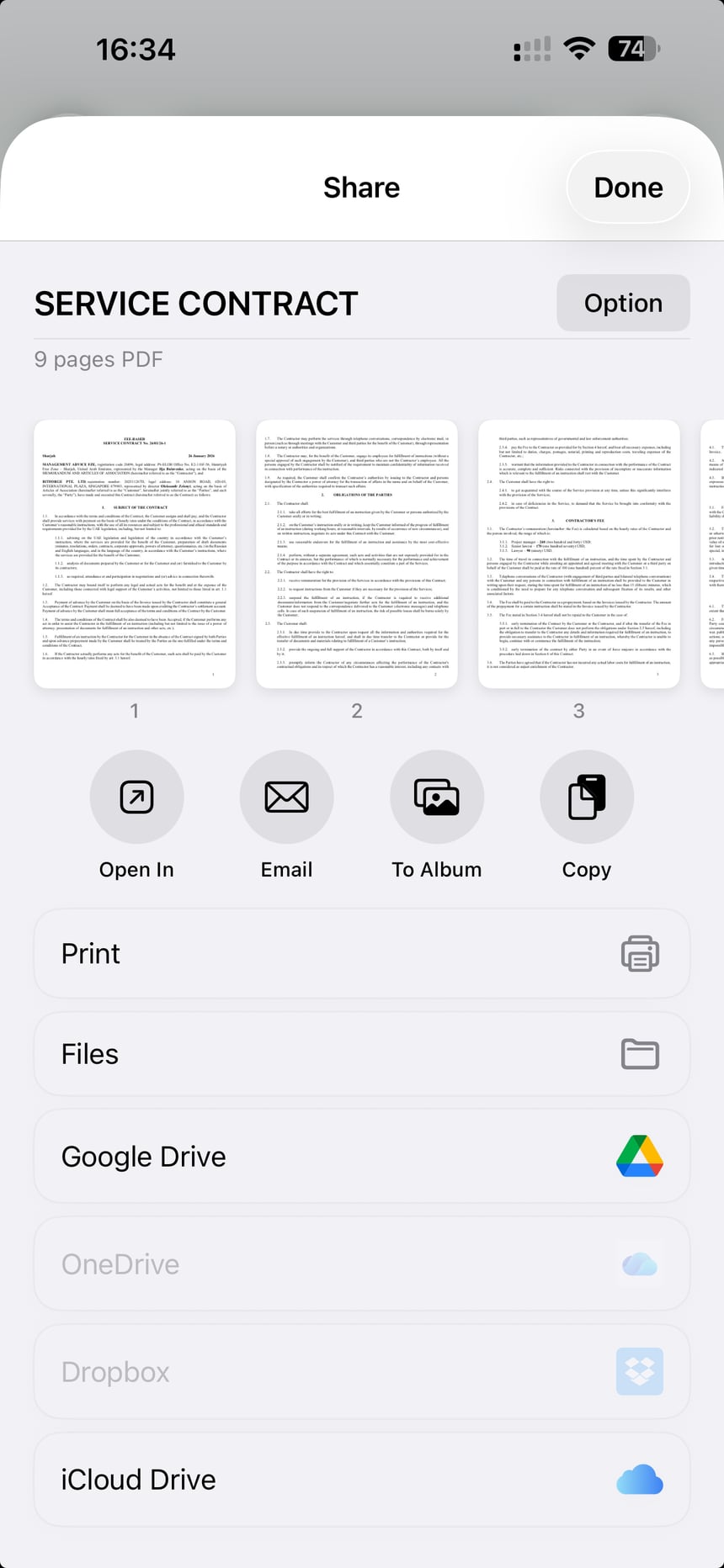 ScanLens Share interface with Files, Google Drive, OneDrive, Dropbox, and iCloud options