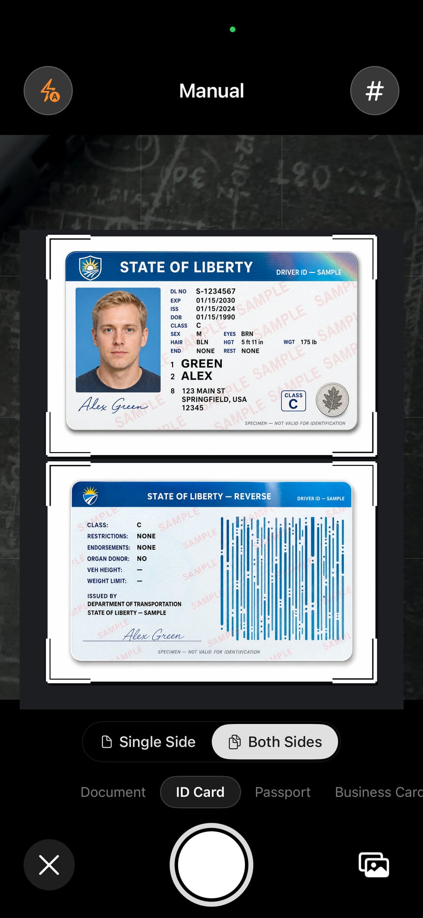 ScanLens framing both sides of a sample ID card