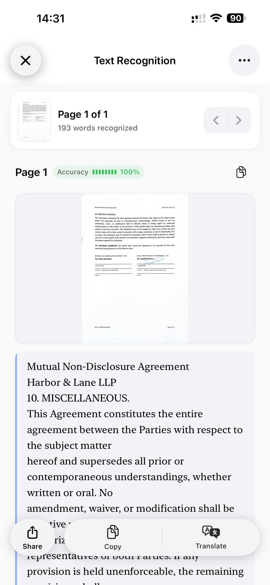ScanLens OCR screen with recognized text, Copy, and Translate actions