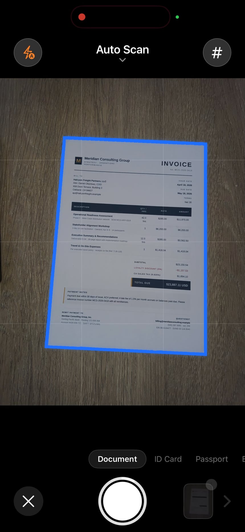ScanLens Auto Scan interface detecting a paper invoice