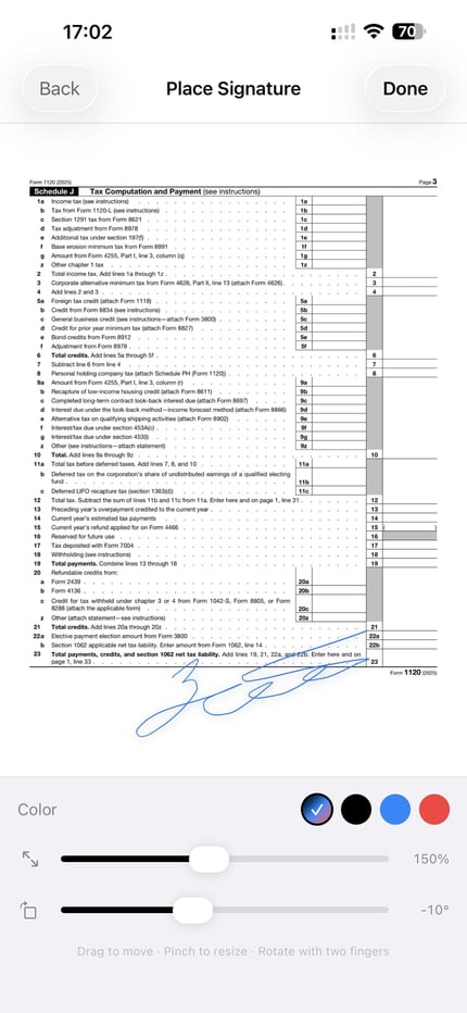 ScanLens posiziona una firma su un documento PDF