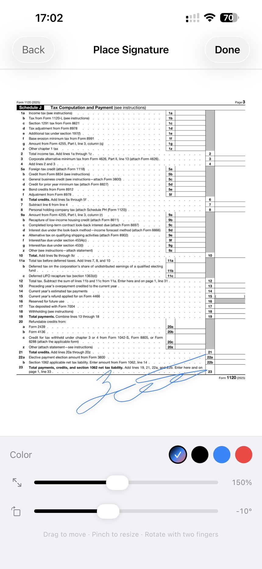 ScanLens Place Signature interface on a PDF document